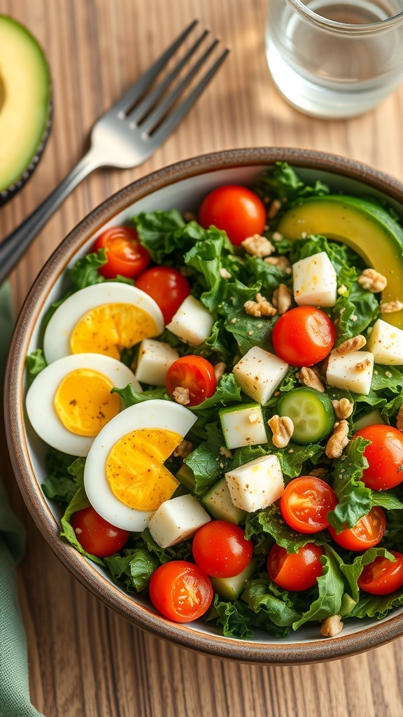 A colorful kale and egg salad with tomatoes, cucumber, and avocado in a bowl on a wooden table.